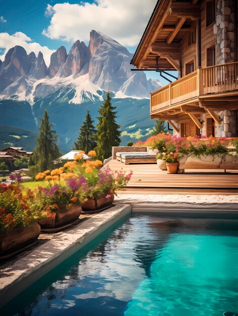 Swimming pool in the garden with the mountains in the background