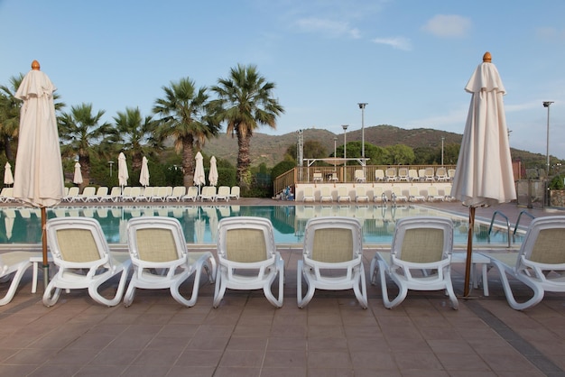 Swimming pool in a hotel under blue sky