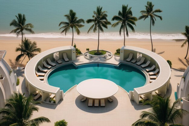 Swimming pool at luxury hotel on the beach with palm trees