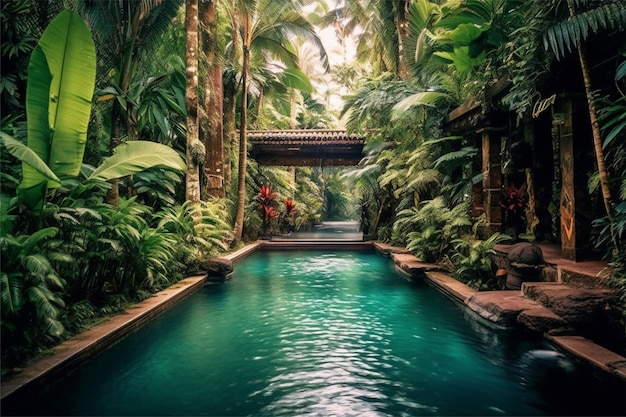 Swimming pool in luxury hotel resort with palm trees and sun flare