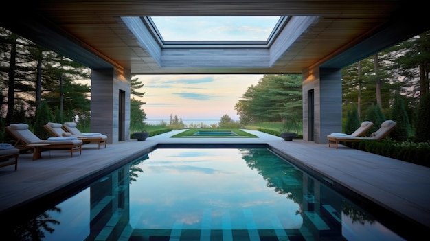 Photo the swimming pool of the luxury mansion in garden with sky and ocean view generative ai aig27