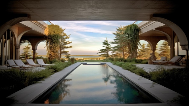 The swimming pool of the luxury mansion in garden with sky and ocean view Generative AI AIG27