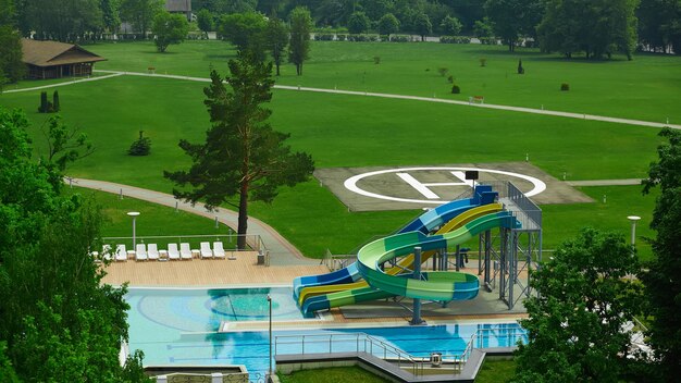 Swimming pool on luxury resort in forest