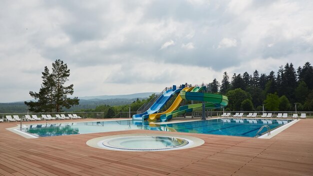 Swimming pool on luxury resort in forest