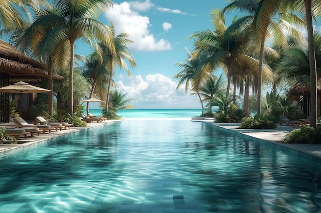 Swimming pool in luxury resort with palm trees 3d render