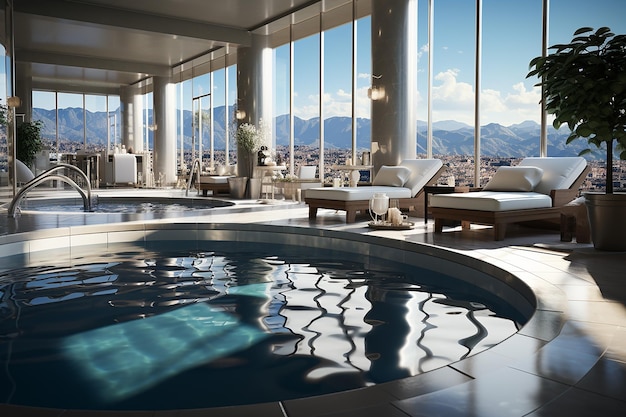 Swimming pool in a luxury villa with a view of the mountains