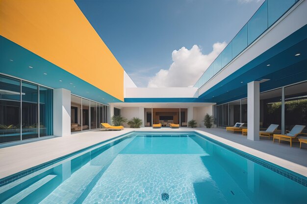 Photo swimming pool in a modern villa with blue and yellow walls generative ai