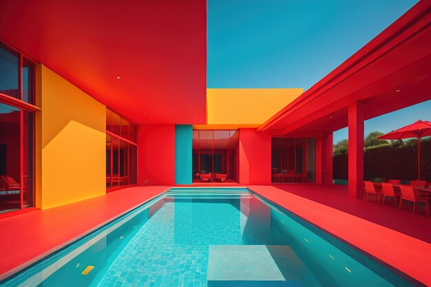 Swimming pool in modern villa with red and orange walls generative ai