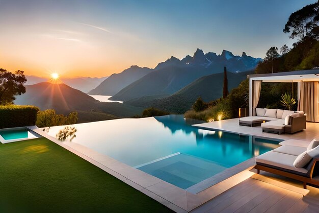 A swimming pool and mountains in the background