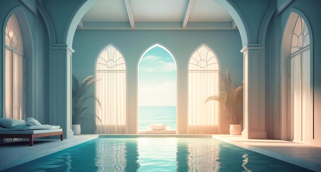 Swimming pool and room with arched windows