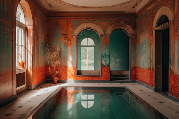 A swimming pool in a room with orange and green