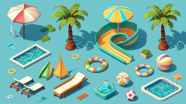 Photo swimming pool slides palm tree umbrella chaise lounges inflatable rings and ball beach and hotel items for waterpark fun entertainment modern illustration icons