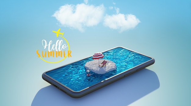 Swimming pool on smartphone. Travel and vacation concept, 3d rendering