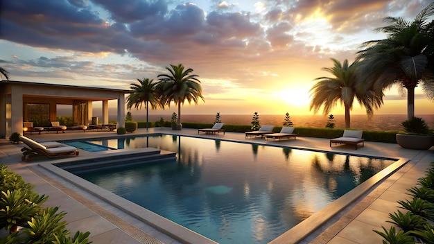 Swimming pool at sunset with palm trees and sun loungers Beautiful sunset at a beach resort