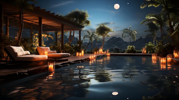 Swimming pool in a tropical villa at night 3D rendering