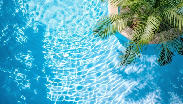 Swimming pool water with ripples and tropical palm tree luminous smooth surface Solar Sunlight