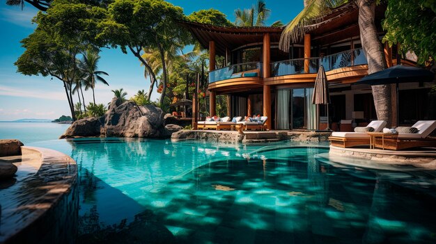 A swimming pool with a beautiful view of a tropical house