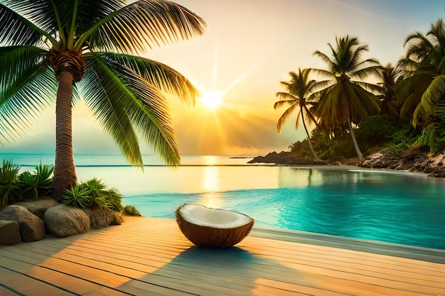 A swimming pool with a coconut on it