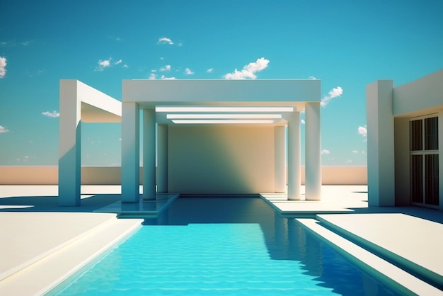 은 날에 현대적인 건축물이 있는 수영장 Genera