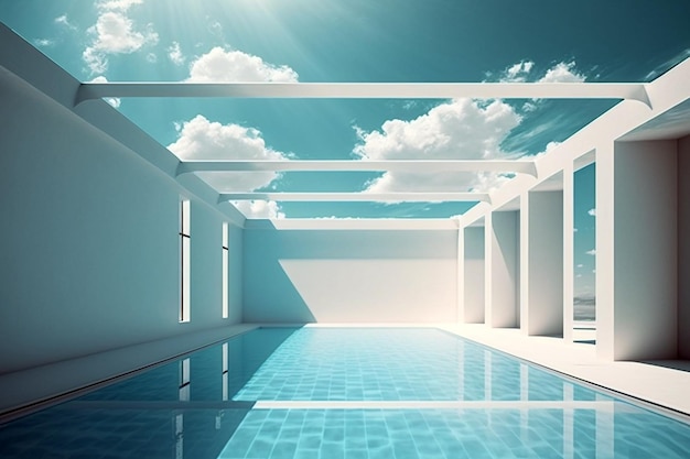 Swimming pool with contemporary architecture on sunny day Generative AI illustration