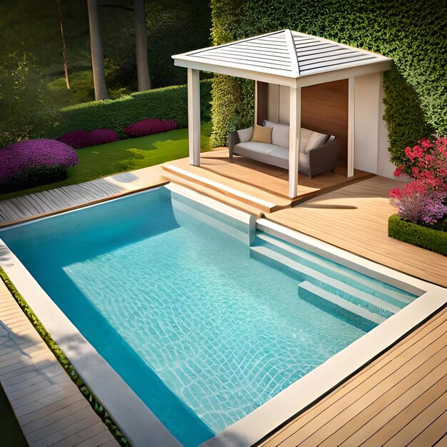 A swimming pool with a deck that has a chair on it