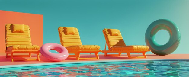 Photo swimming pool with lounge chairs and inflatable pool ring