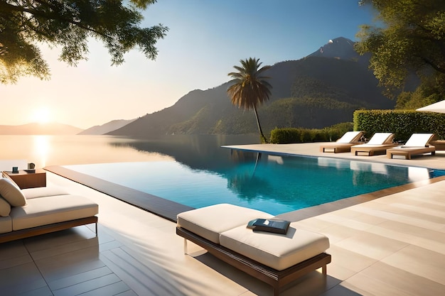 A swimming pool with a mountain backdrop and a swimming pool with a mountain in the background.