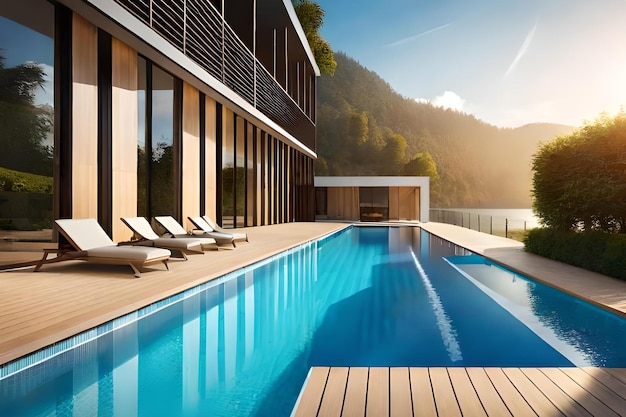 Photo a swimming pool with a mountain in the background