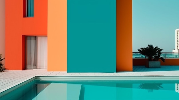 Swimming pool with orange and blue wall