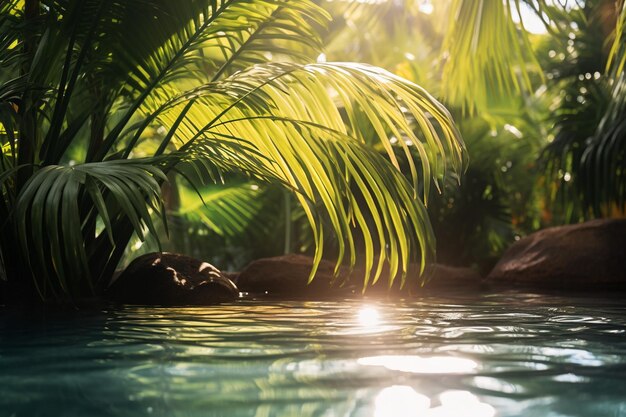 Photo swimming pool with palm leaf in sunlight