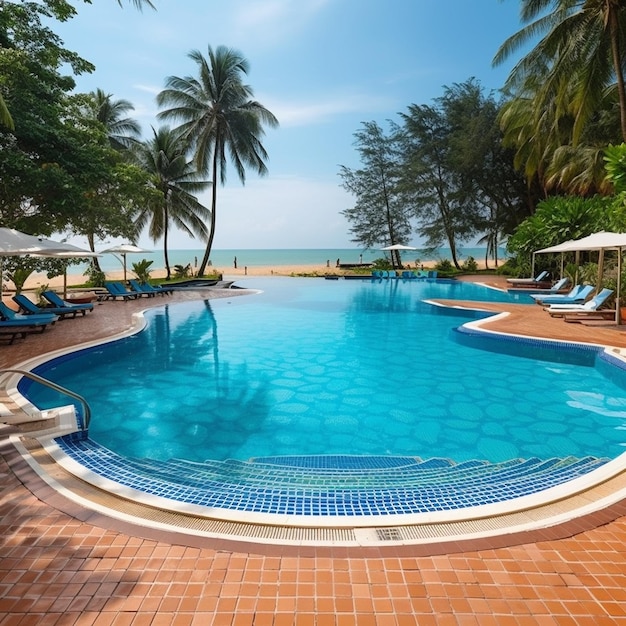 a swimming pool with a palm tree on the right