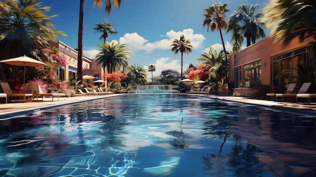 Swimming pool with palm trees in the background 3d rendering