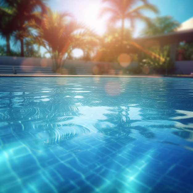 a swimming pool with palm trees and a building in the background.