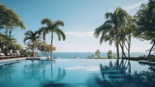 swimming pool with palm trees and a view of the ocean