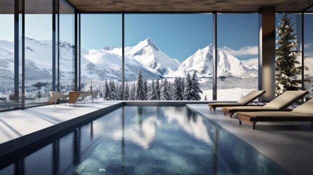 Swimming pool with panoramic windows in an ecological chalet hotel at an alpine ski resort overlook