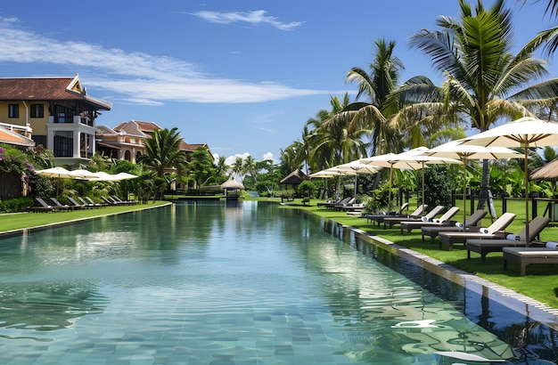 Swimming pool with sun loungers and umbrellas at resort