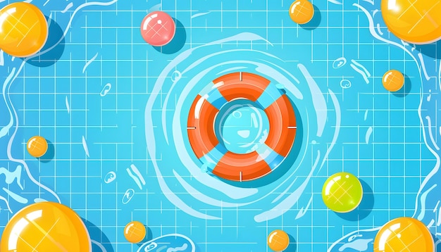 a swimming pool with a swimming pool with a life preserver on it