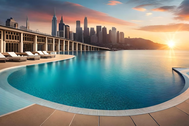 A swimming pool with a view of the city skyline in the background