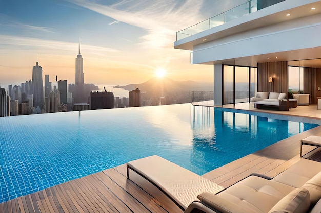 A swimming pool with a view of the city skyline