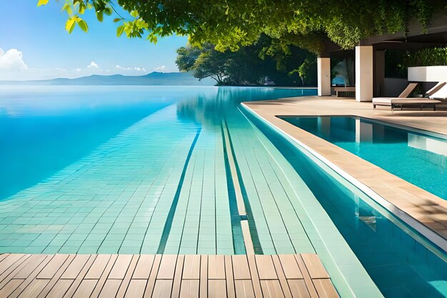 A swimming pool with a view of the mountains in the background