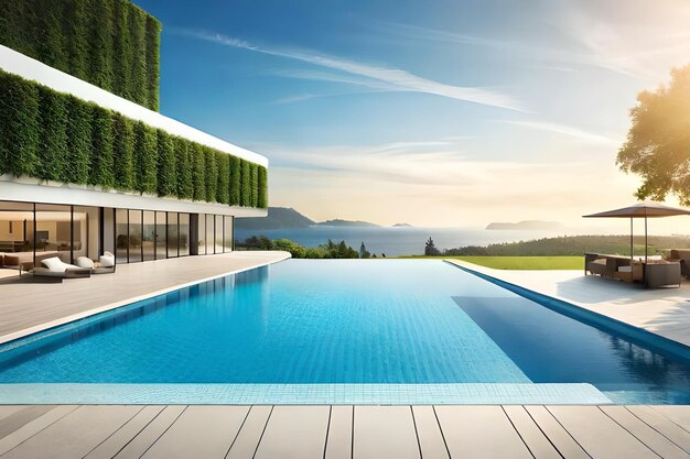 Foto una piscina con vista sulle montagne e sull'oceano.