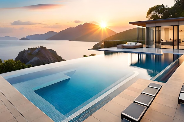 A swimming pool with a view of the mountains and the sea.