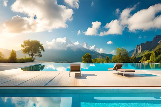 Photo a swimming pool with a view of the mountains and the sky.
