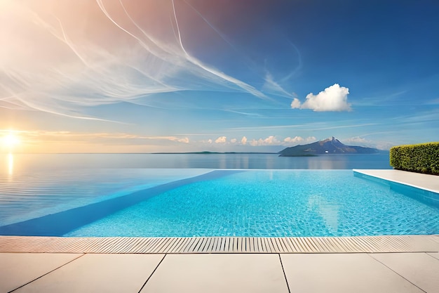 a swimming pool with a view of the ocean and mountains in the background