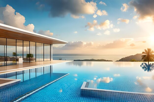 A swimming pool with a view of the ocean and the ocean