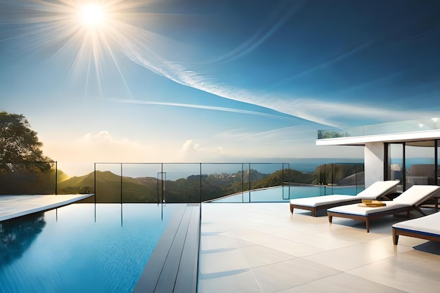 A swimming pool with a view of the ocean and the sky in the background.