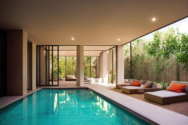 A swimming pool with a view of the outside.