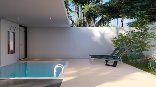 Foto piscina e ponte di legno accanto a master bagno design 3d'illustrazione