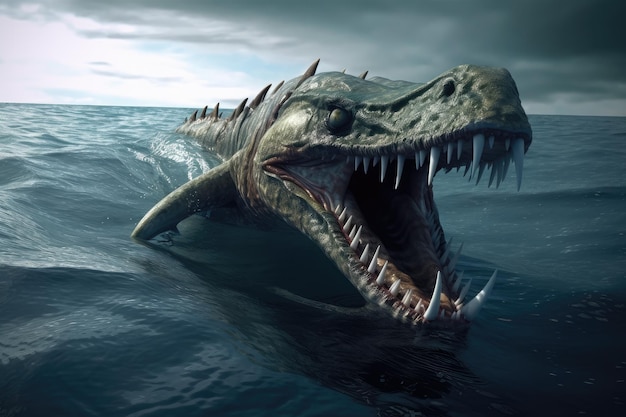 Swimming sea monster with its head and jaws above the water ready to attack