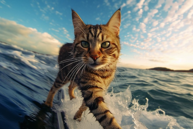 Photo swimming surfing cat in the waves